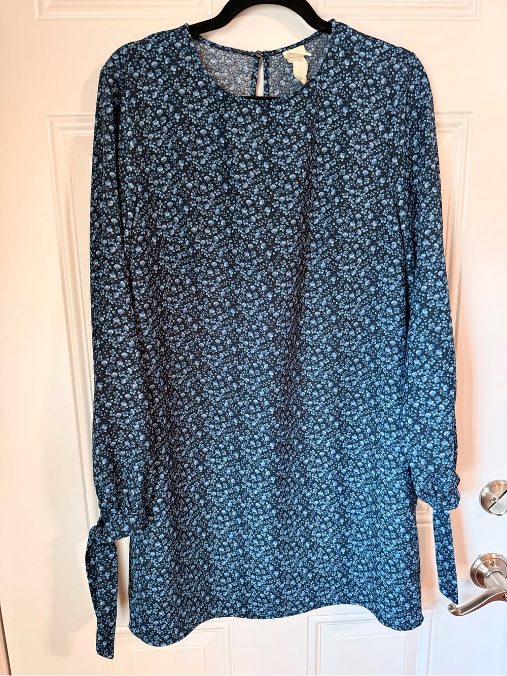 H&M Dark Blue Floral Long-Sleeve Tie-Cuff Dress